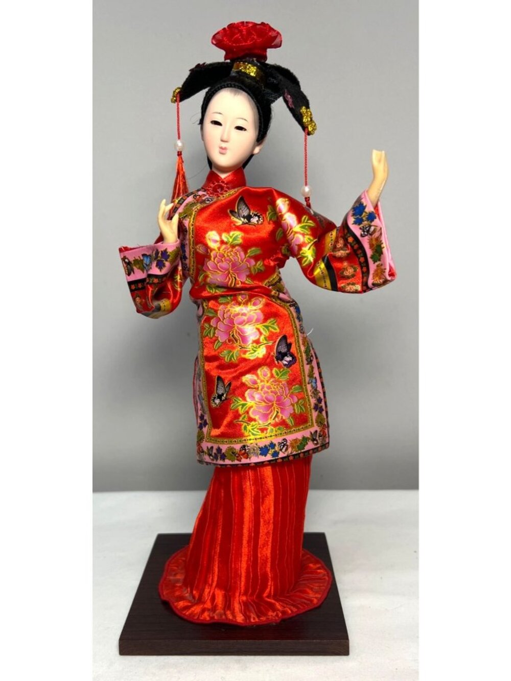Oriental Geisha Doll In Red Silk Kimono With Floral & Butterfly Embroidery On Wo